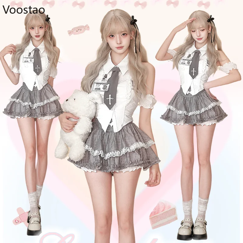 Kawaii Lolita Style 2 -Piece Set Women Preppy Sweet White Tops Tops Ruffle Mini Cake Suit Female Kórejské gotické outfity y2k