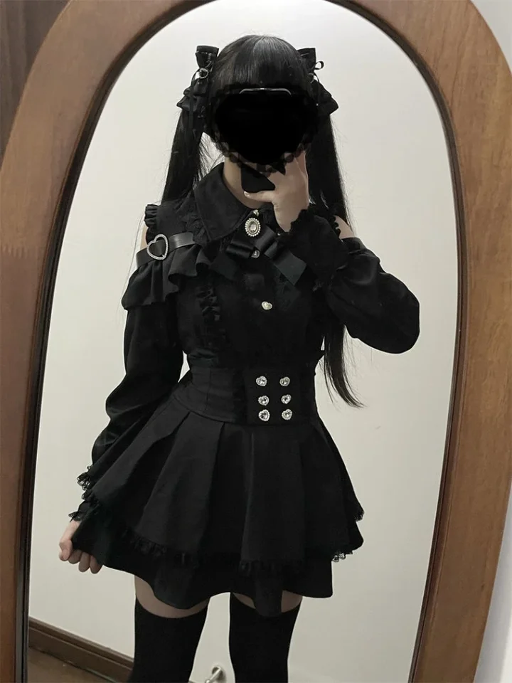 Kawaii lolita vyhovuje harajuku sladké čipky Patchwork Slim Fit blúzka + y2k sukne s vysokým pásom Dám