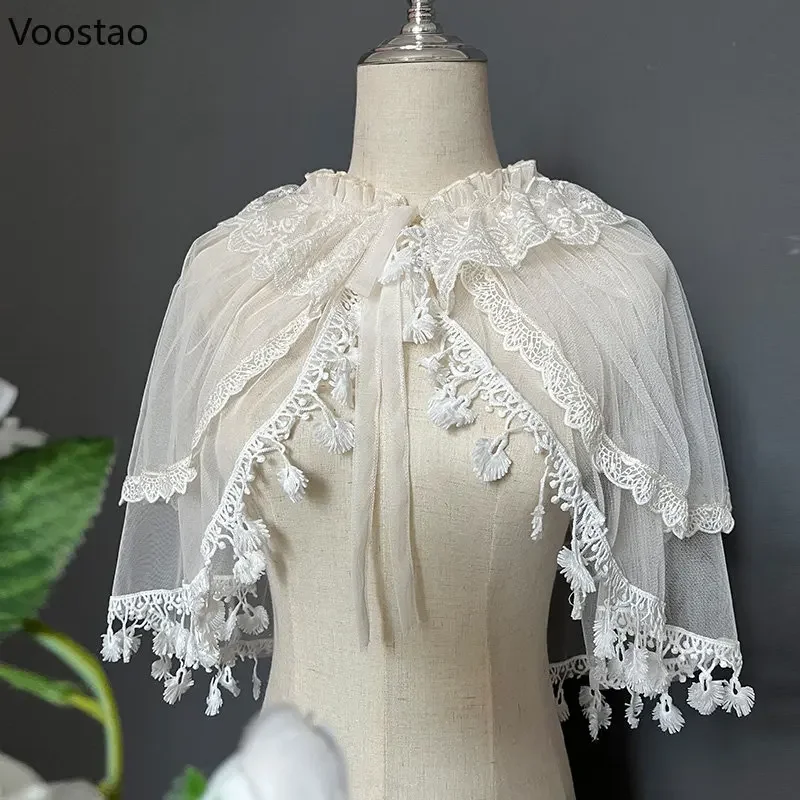Kawaii lolita čipka Krátky plášť Cape Coat Sweet Humffles pletivo otvorené predné poncho Ženy Elegantné šatky Mardigan top Top Cute Princess Outer