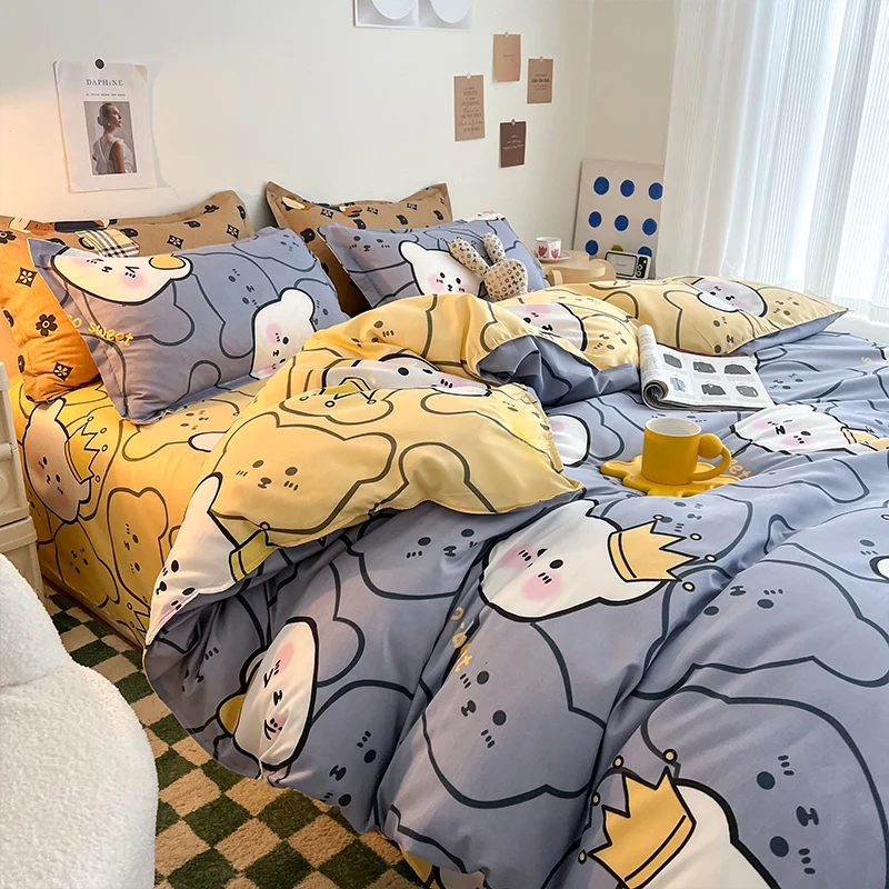 Kawaii medveď posteľ súprava kvetinová prikrývka kryt plochého plechu vankúš roztomilý psí bieli