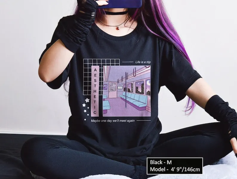 Kawaii pastel Lofi Estetická košeľa mäkká bavlna Sad Goodbye Tee roztomilé parné vlny japonské tričko metra