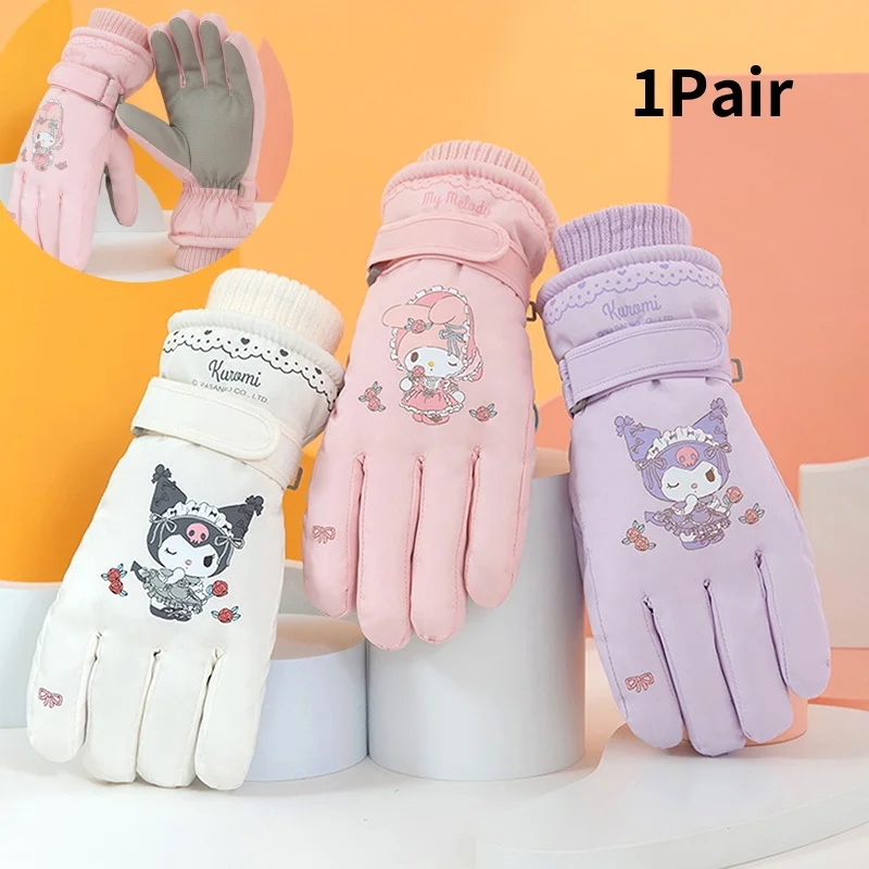 Kawaii Sanrio Cartoon Children Rukavice roztomilé kuromi pochacco moja melódia jesenná zimná zimná zimná čalúnená teplé lyžiarske rukavice dievčatá chlapci darčeky