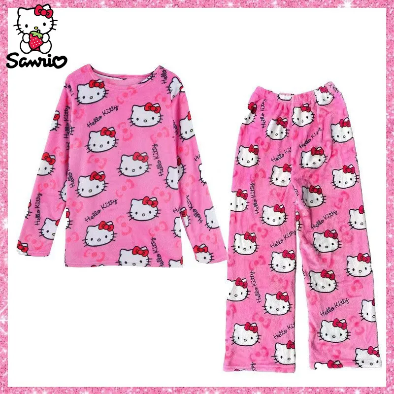 Kawaii Sanrio Hello Kitty Pajamas Sleepwear Jeseň a zimné domáce oblečenie pyžama set oblečenie flanel top girl vianočný darček ženy