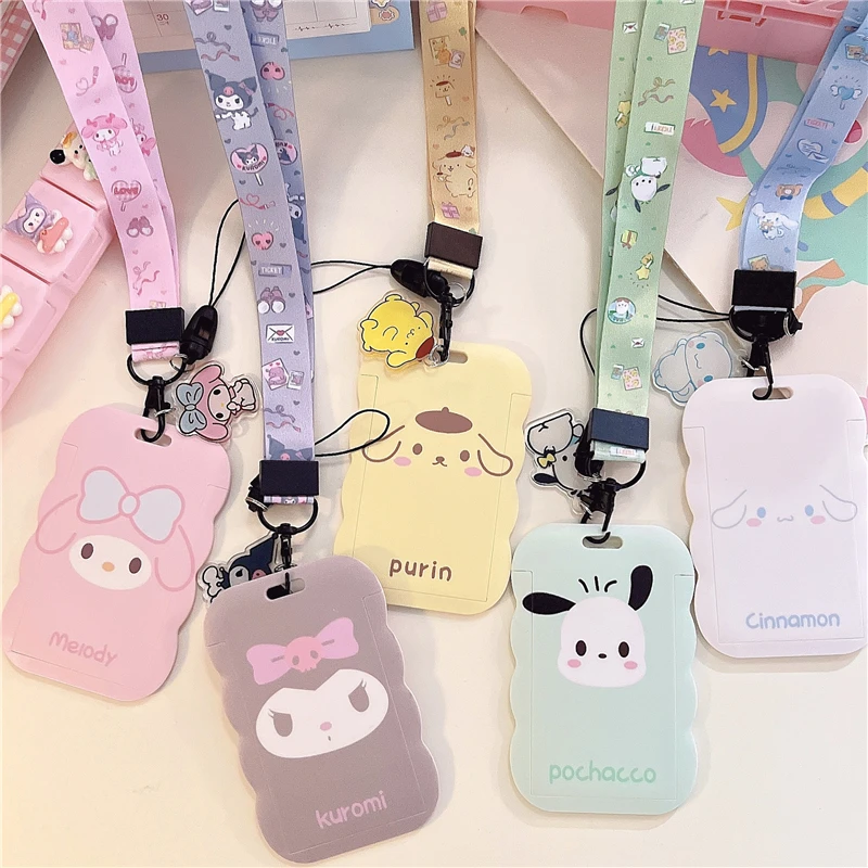 Kawaii Sanrio Keychain Pendant Hellokitty Kuromi Cinnamoroll Roztomilý držiteľ karty Plastové držiaky kariet na šnúrke pre študentské darčeky