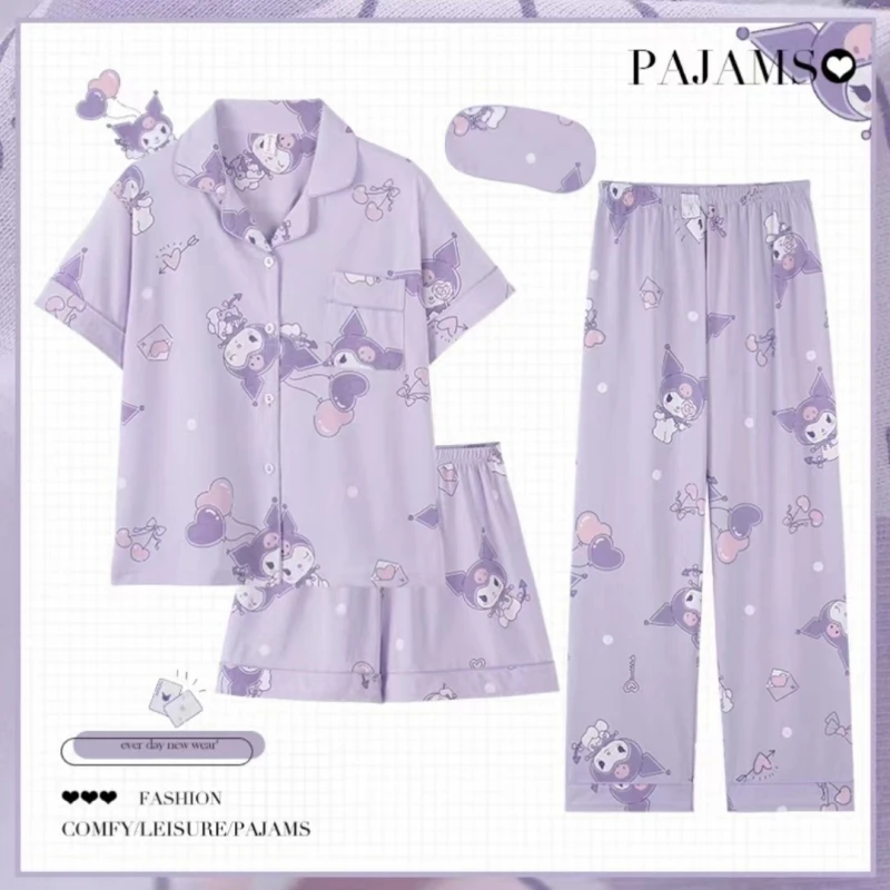 Kawaii Sanrio Kuromi pyžamá s krátkymi rukávmi nohavice tri kusy sada Pohodlné domáce oblečenie darček pre dievčatá pre dievčatá