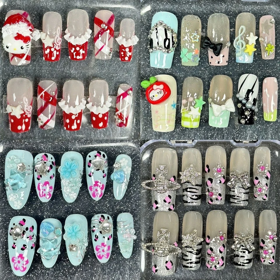 Kawaii Sanrio ručne vyrobené francúzske dlhé truhla akrylové červený lis na nechty Hello Kitty Short Square Circle Sladké chladné falošné nechty darček