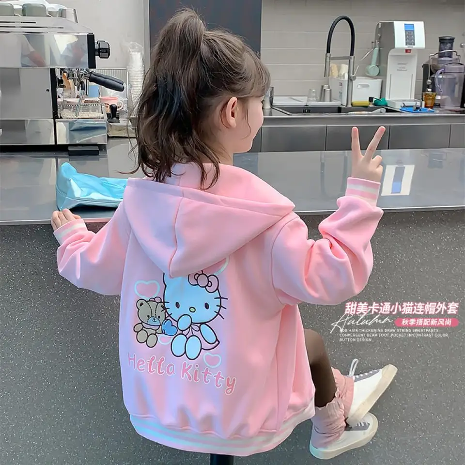 Kawaii Sanrios Anime Hello Kitty Kuromi Girls Outdoor Jackets Coats Vysoko kvalitné deti Jeseň móda módne príležitostné kapucňa na zips