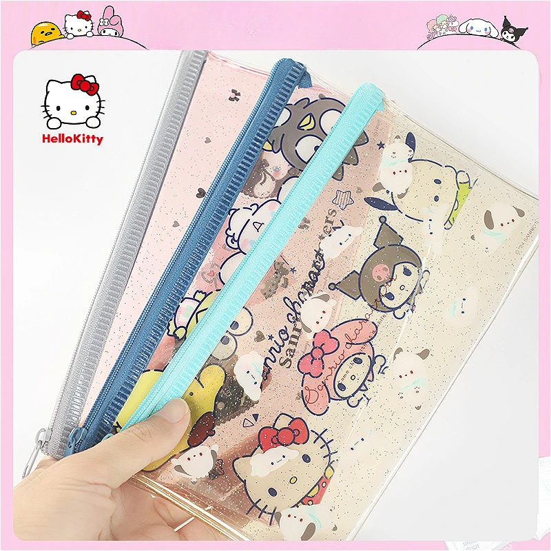 Kawaii Sanrios Hellokittys Kuromi Melody Cencil Case Cuce Cuce Transparent Zipper Peruzka vrecká Škola Študenti Študenti Spotrebné potreby