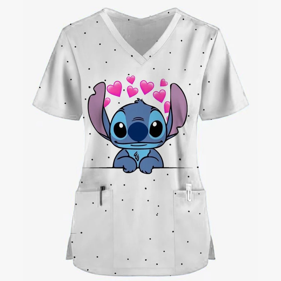 Kawaii sestra Uniform Scrubs Tops Womens Cartoon Stitch Tlač s krátkym rukávom vreckové uniformy uniformy zdravotná ošetrovateľská blúzka
