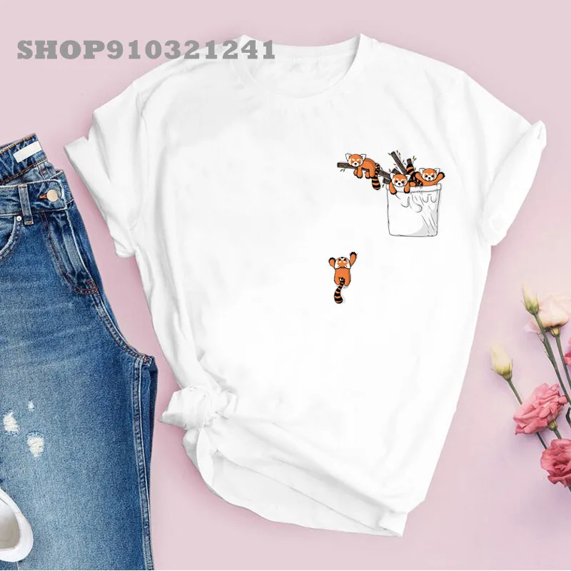Kawaii vrecko Red Panda Bears T tričko Ženy Harajuku krátky rukáv Karikatúra Tričko Tlačené letné tričko Grafické topy Tees Female