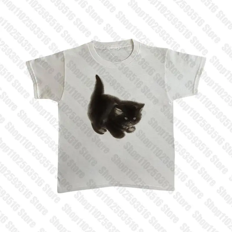 kawaii vtipná mačka grafika tlač Ulica Grunge Baby Tee Dámske ležérne letné tričko s krátkym rukávom Y2K oblečenie goth emo plodina top
