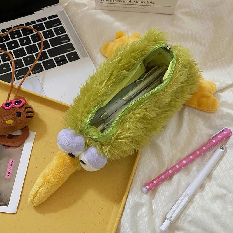 Kawaii zelený vtáčie plyšové puzdro Cencil Cuence Pase Zipper Fluffy Veľká kapacita kiwi ceruzka taška Škola škôl Storage vrecká