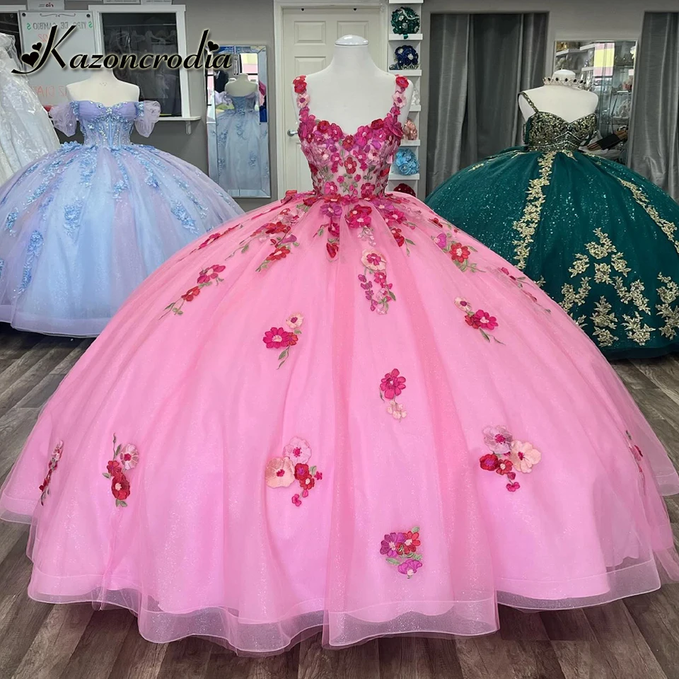 Kazon princezná guľôčka špagety špagety popruhy korzet quinceanera šaty bowknot tulle 3d kvetina rúcho quinceanera rouge prispôsobené