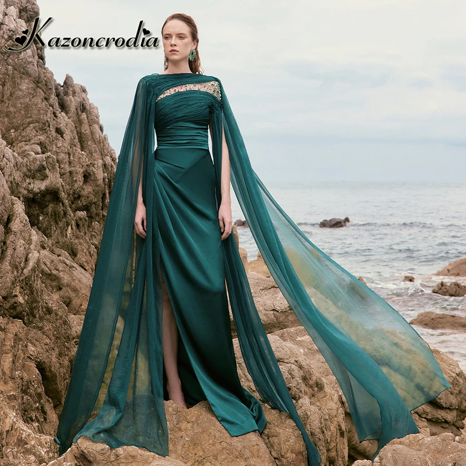 Kazon štýlová s Tull Cape Matka z nevesty žriebzdového šaty pre ženy Crystals Robes Soiree femme invitée mariage Prispôsobené