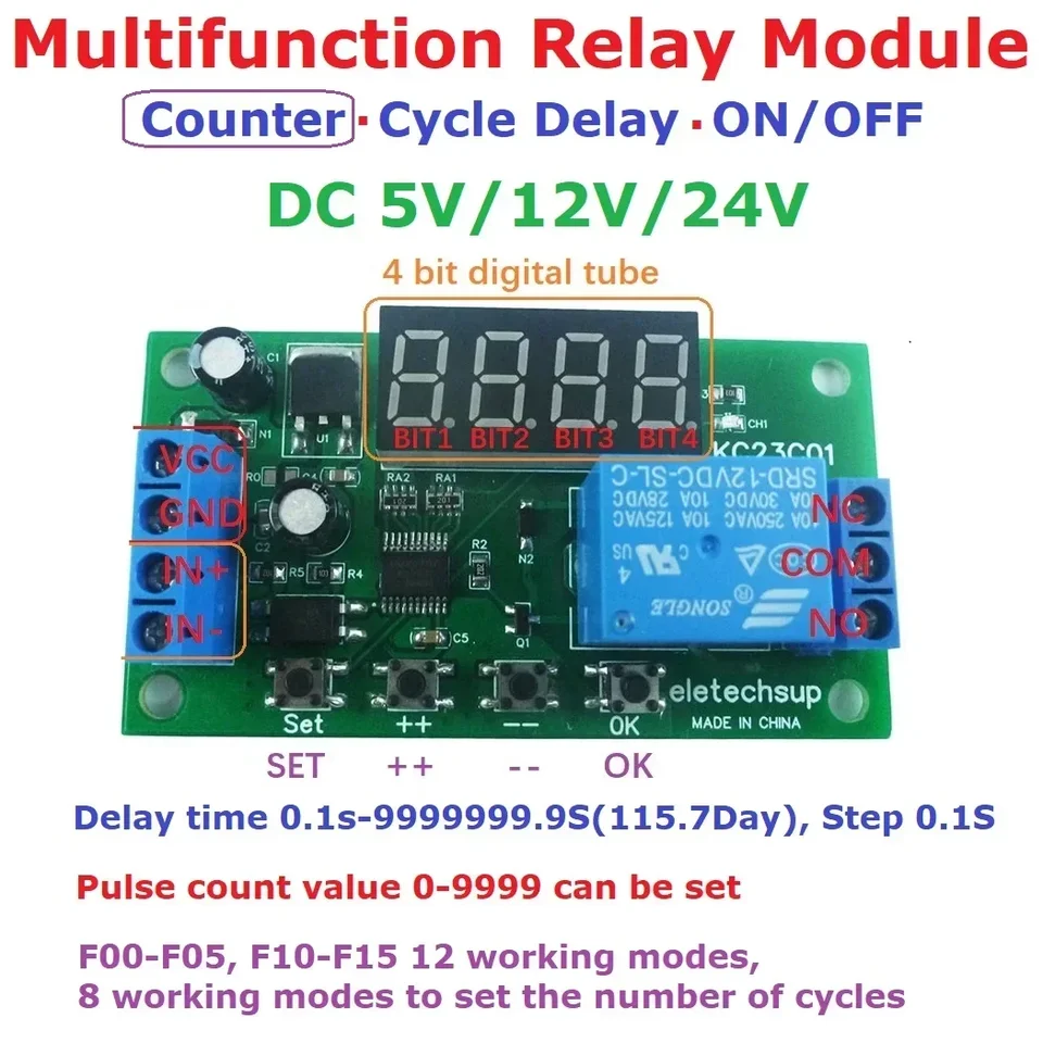 KC23C01 DC 5V 12V 24V Multifunkčný pulzný spínač Nastaviteľné oneskorenie časovača Zapnutie/vypnutie relé PLC Modul