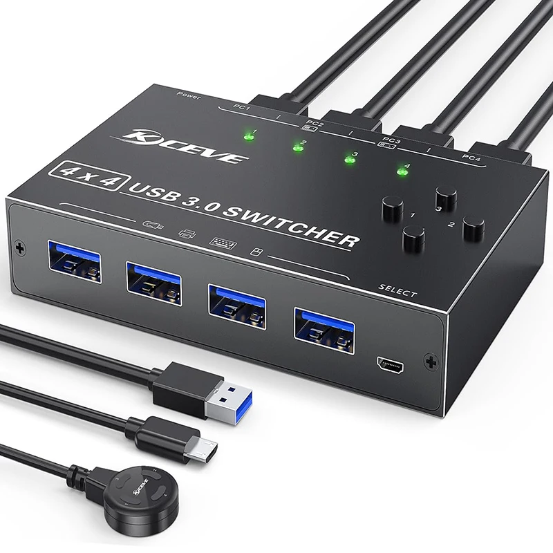 Kceve 4 Port USB 3.0 Switch Selector, KVM Switcher 4 Počítače Zdieľanie 4 zariadení USB, periférny prepínač USB pre klávesnicu myši myši