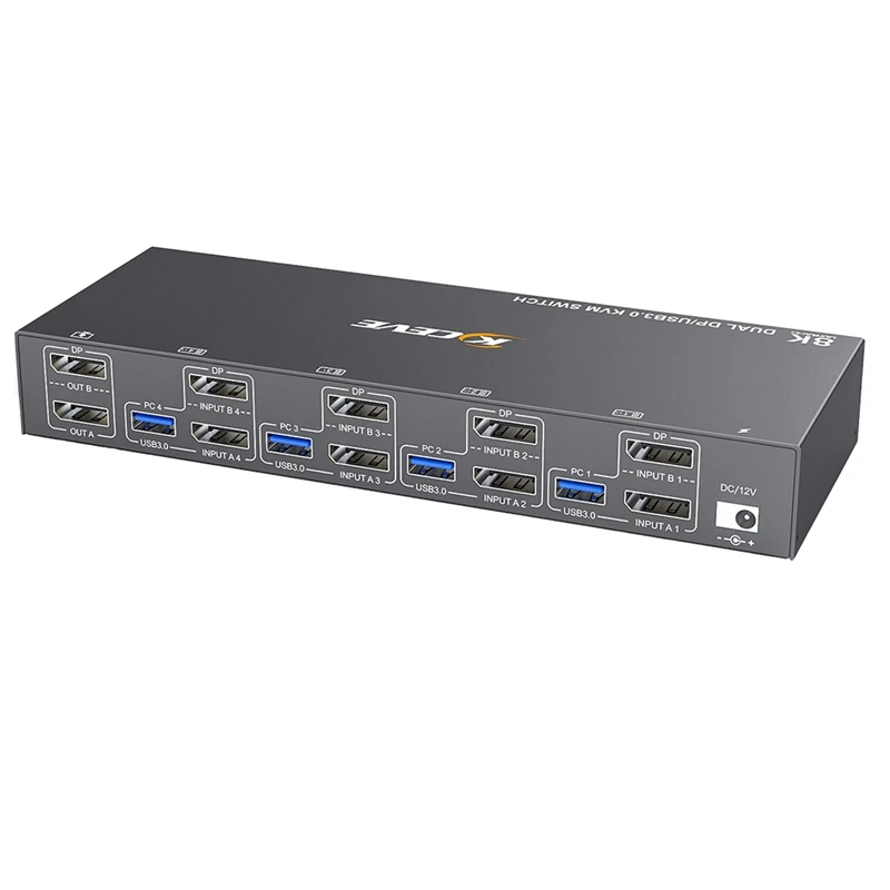 KCEVE KVM prepínač 4 Počítač 2 Monitory Displayport USB 3,0 KVM prepínač podporuje 4K@60Hz DP port KVM prepínač EÚ zástrčka EÚ