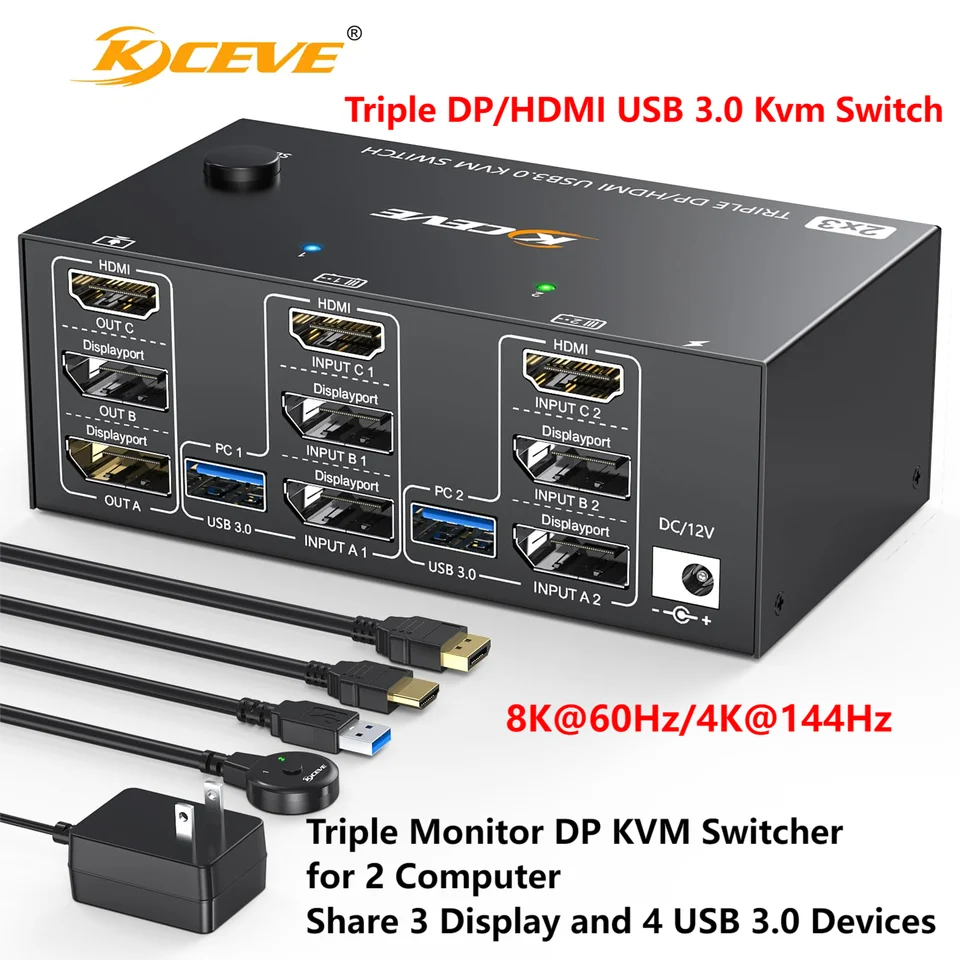 Kceve Triple Monitors KVM Switch 2 DisplayPort HDMI USB 3,0 KVM prepínač 8k@60Hz 4K@144Hz 3 monitory 2 počítače KVM KVM so 4 USB3.0
