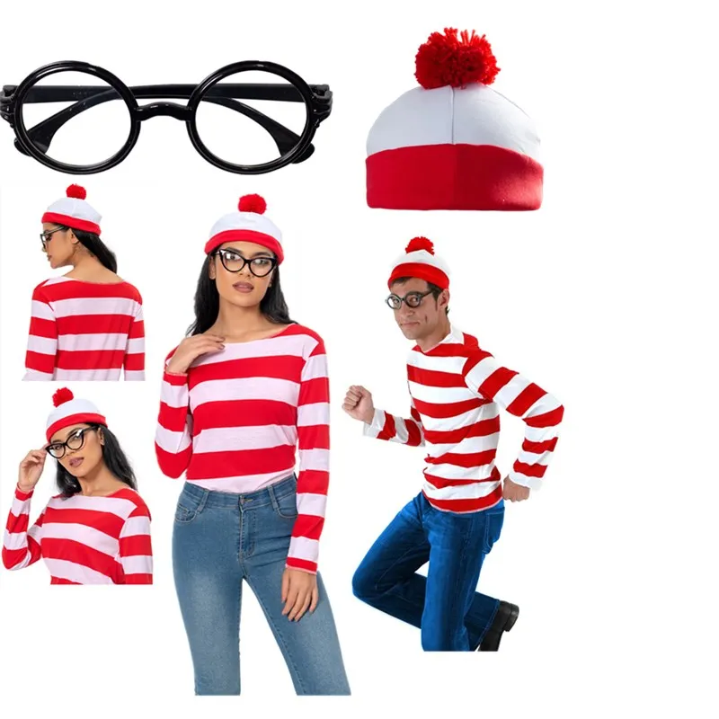 Kde je Wally Waldo teraz Cosplay kostým mužov Ženy červené biele pruhové košele okuliare Outfits Outfits Halloween Carnival Party Suit