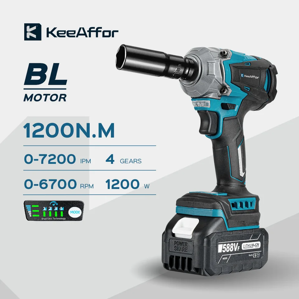 Keeaffor 1200n.m moment elektrický nárazový kľúč bez kefy 1/2 palca bezdrôtový skrutkovač elektrický vŕtač pre batériu Makita 18V