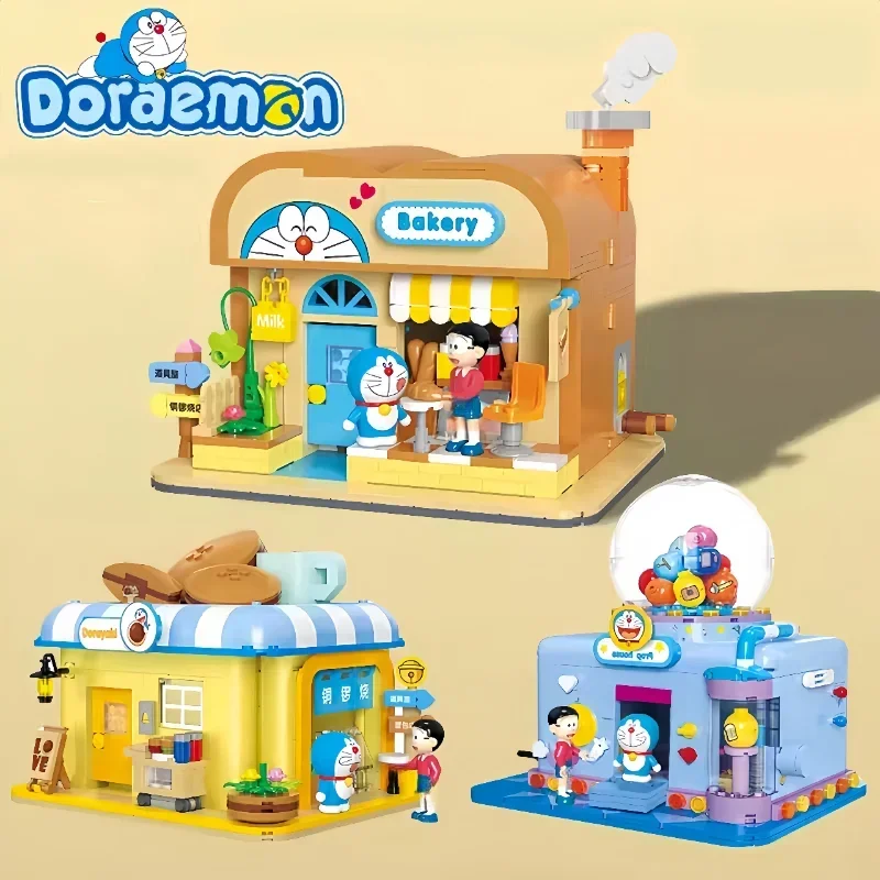 Keeey Doraemon Building Blocks Kawaii zostavil Dorayaki Bear Street Scene Scene Dekorácie narodeniny darček pre deti detské hračky