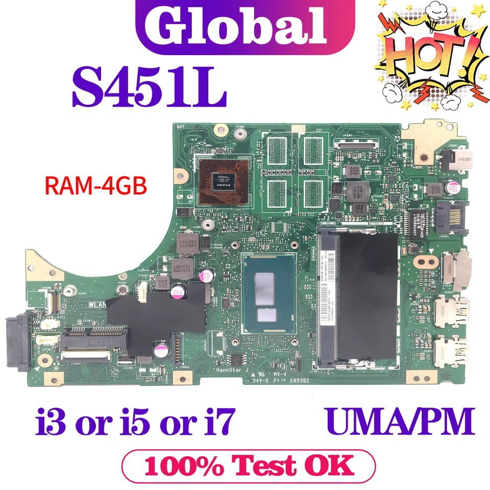 Kefu v451l hlavná doska pre ASUS S451L S451ln S451LB S451LA S451 R451L K451L základnej dosky laptop s i3 i5 i7 UMA/PM 4GB/RAM