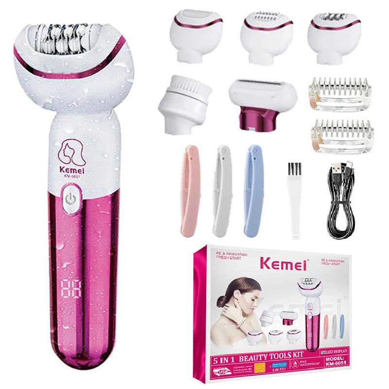 KEMEI 5IN1 Epilátor Ženy Ženy nabíjateľné Lady Holiar vlhké a suché elektrické odstraňovanie chĺpkov bikín pre bikiny pre tvár, telo, nohy