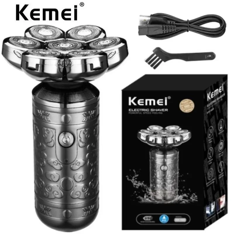 Kemei 7 Blade Profesionálne bradové vlasy Elektrický holiaci strojček pre mužov Nabíjateľná hlava Elektrický holiaci strojček plešatý holiaci stroj kovová škrupina