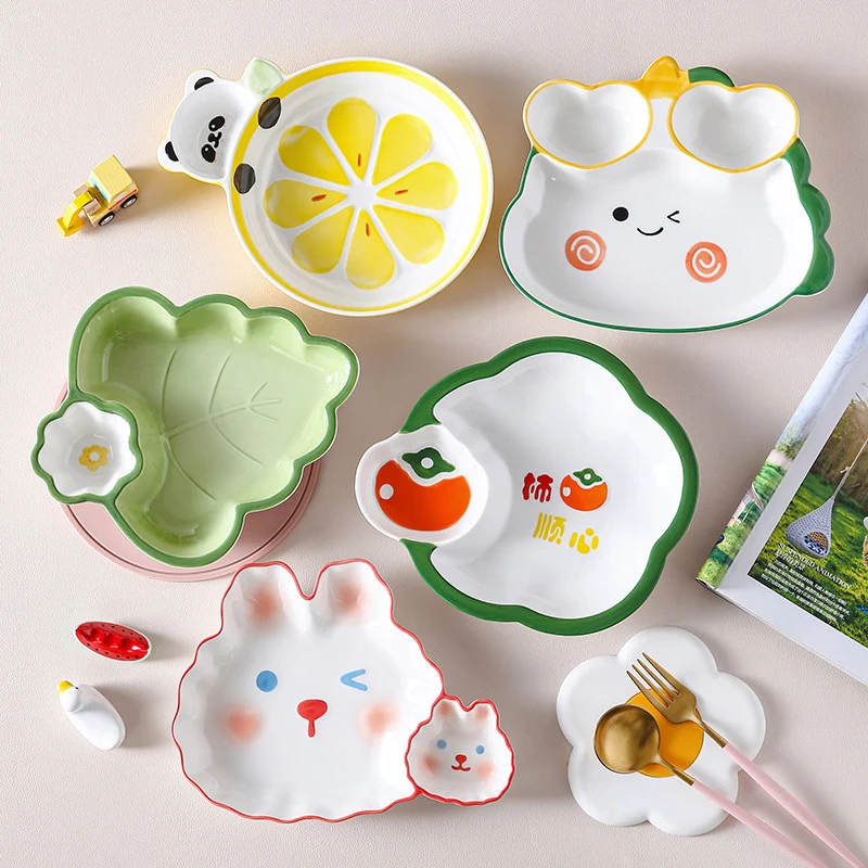Keramická karikatúra zvierací tanier Kids Breakfast taniere s namáčaním podšálky Japonský riadový riad