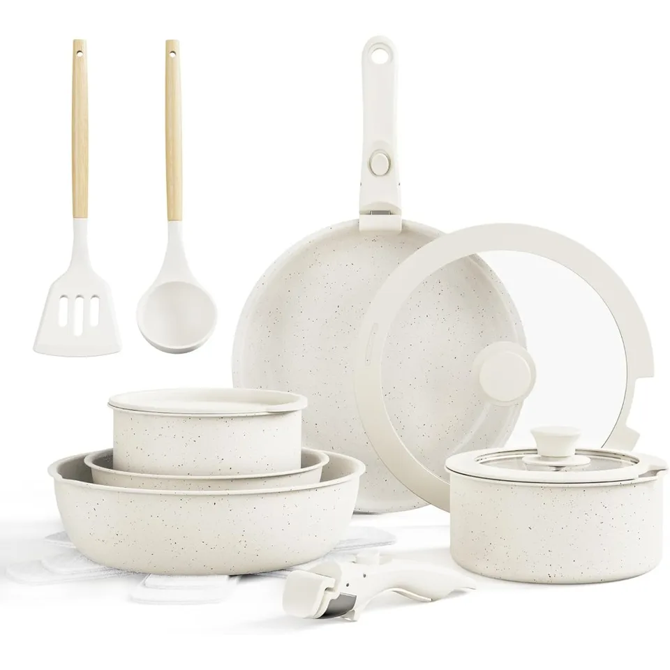 Keramická sada nonstick riadu, zdravá, netoxická, 17-kvetinová kvetináče a panvice nastavené odnímateľné rukoväte, indukčná kuchynská súprava, škvrna