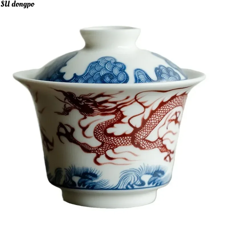 Keramický červený drak Gaiwan White Ru Blue and White Glazing Tea Výroba misky retro čínsky štýl Kungfu Cháňa