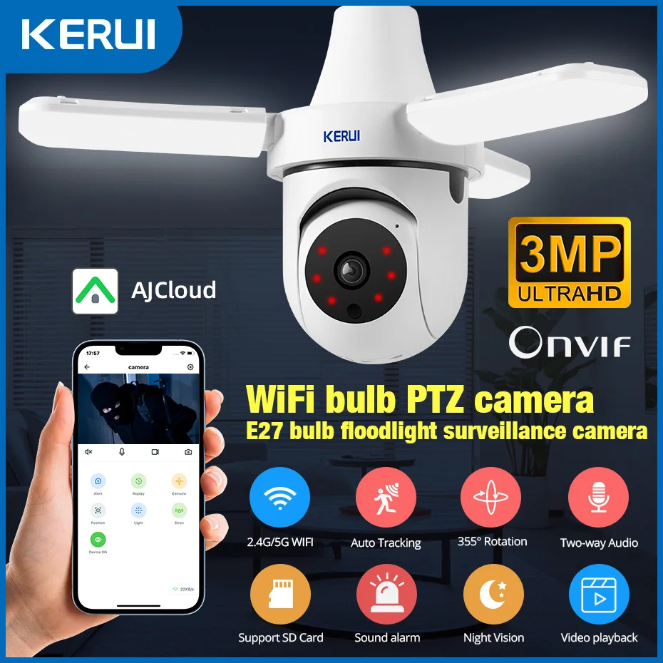 Kerui 5G/2,4G 3MP E27 Bulb Camera PTZ WiFi IP fotoaparát s LED svetlom v interiéri domáceho bezpečnostného dohľadu AI Tracking Night Vision