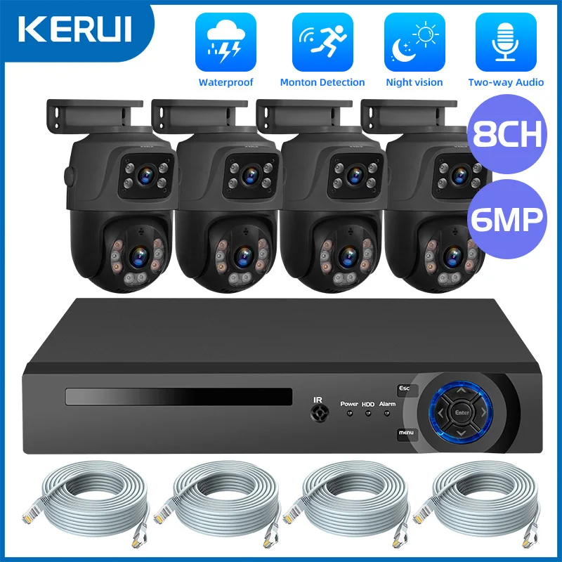 Kerui 8ch 6MP HD Poe Home Security Camera Systém Duálny objektív Outdoor IP fotoaparát Video sledovanie NVR Kit CCTV Human Detection