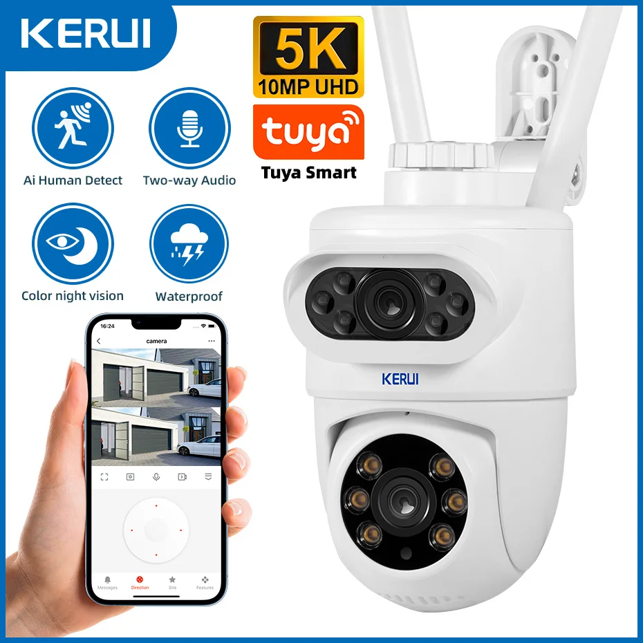 Kerui Outdoor 10MP 5K HD Dual Dual Lens WiFi IP fotoaparát TUYA SMART PTZ Wireless Home Security CCTV Video Sledovanie ľudskej detekcie
