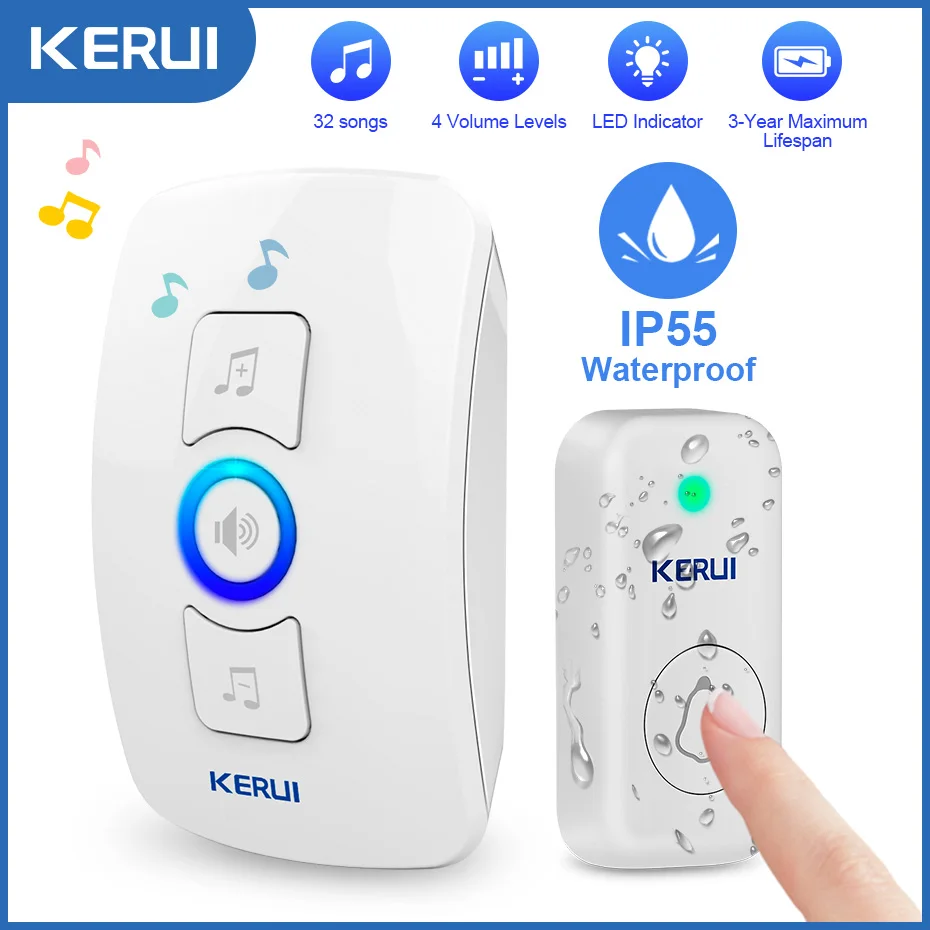 Kerui Wireless Door Bell pre vonkajšie M525 nepremokavé dvere zvončeky súprava Smart Home Led Flash Security Alar