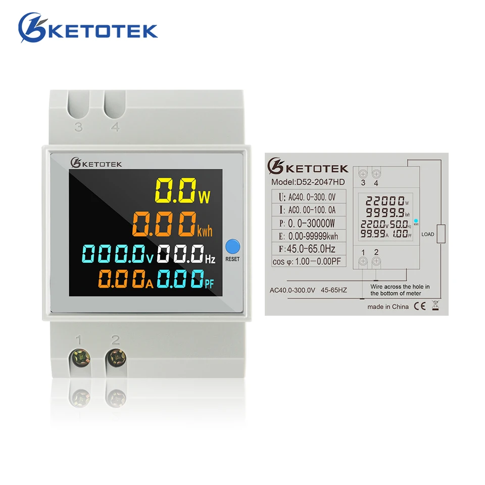 Ketotek Din Rail AC Energy Energia KWH Meter Wattmeter LCD 110V 220 100A Voltmeter Ammeter napätie Faktor Volt Amp Monitor Amp Monitor Amp Monitor