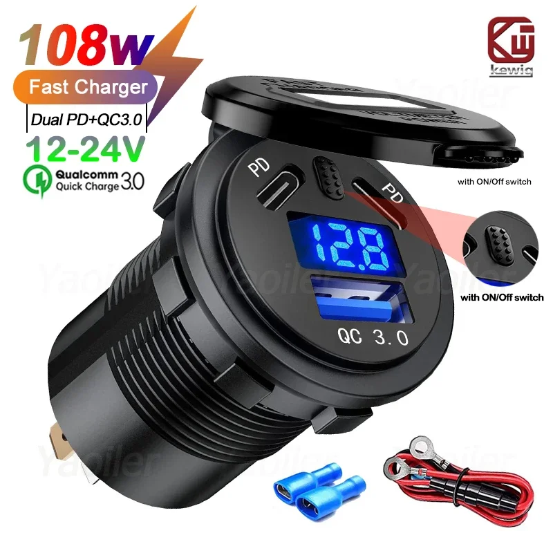 Kewig 12V USB Outlet 108W Dual PD USB-C port rýchly nabíjanie 3,0 CAR USB nabíjačka Socket Waterproof Outlet W/ Voltmeter prepínač