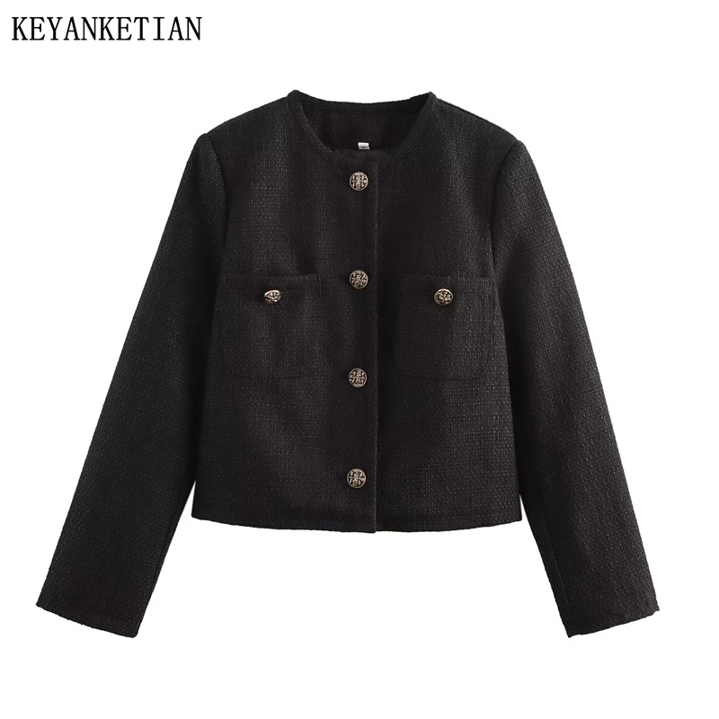 KeyAncetian 2025 Nové dámske tvídové textúre orezané oblečenie Office Office lady O-krk single dvojité vrecká Black Blazer Top