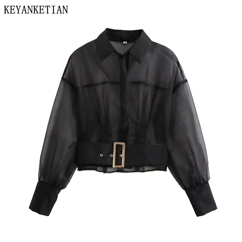 KeyAnKetian 2025 Nové ženy Black Seat-through Organza košeľa s dekoráciou opasku zakryté gombíky Sexy blúzka s dlhým rukávom Blúzka Top