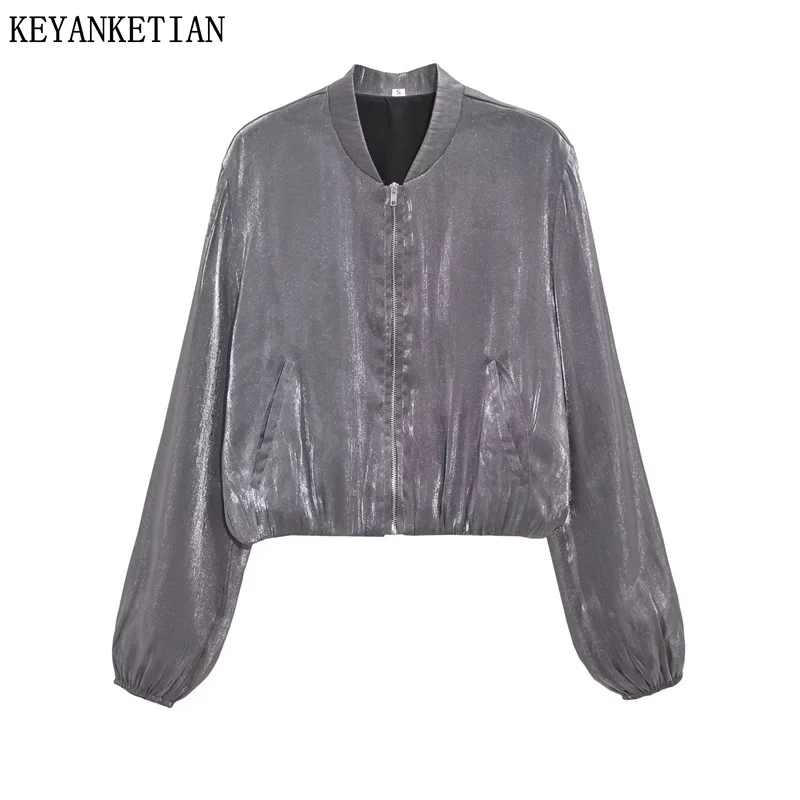 Keyanketian Autumn New Dámska tmavo šedá kovová kovová lesklá hodvábna bombardovacia bunda vintage zips-up voľný tenký tenký jaqueta feminina plodina top