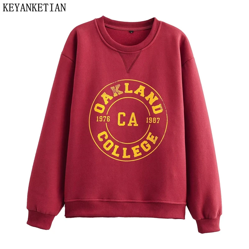 Keyanketian Winter Nový športový štýl Letter tlač O-Neck Pullover Hoodies Loose Dámske orezané fleecové mikiny ležérne top