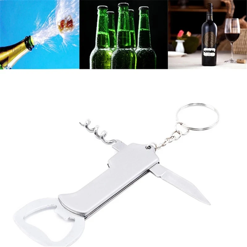 Keychain Fľaša otvárač piva a červené víno otvárač z nehrdzavejúcej ocele Multifunkcia kuchynského náradia Mini prenosný otvárač