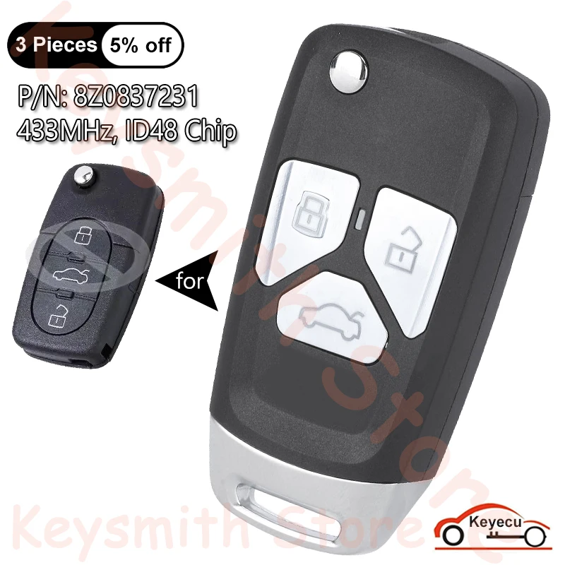 Keyecu 3 tlačidlá 433 MHz ID48 Chip pre Audi vylepšené sklopné sklopenie diaľkového ovládača FOB P/N: 8Z0837231, 8Z0 837 231