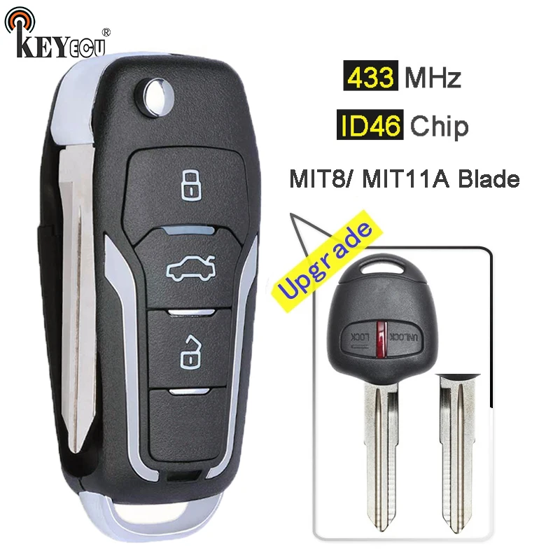 Keyecu 433MHz ID46 Inovované flip 2 gombík diaľkový kľúč FOB pre Mitsubishi Pajero, Lancer a Outlander vľavo/ MIT11R Right Blade