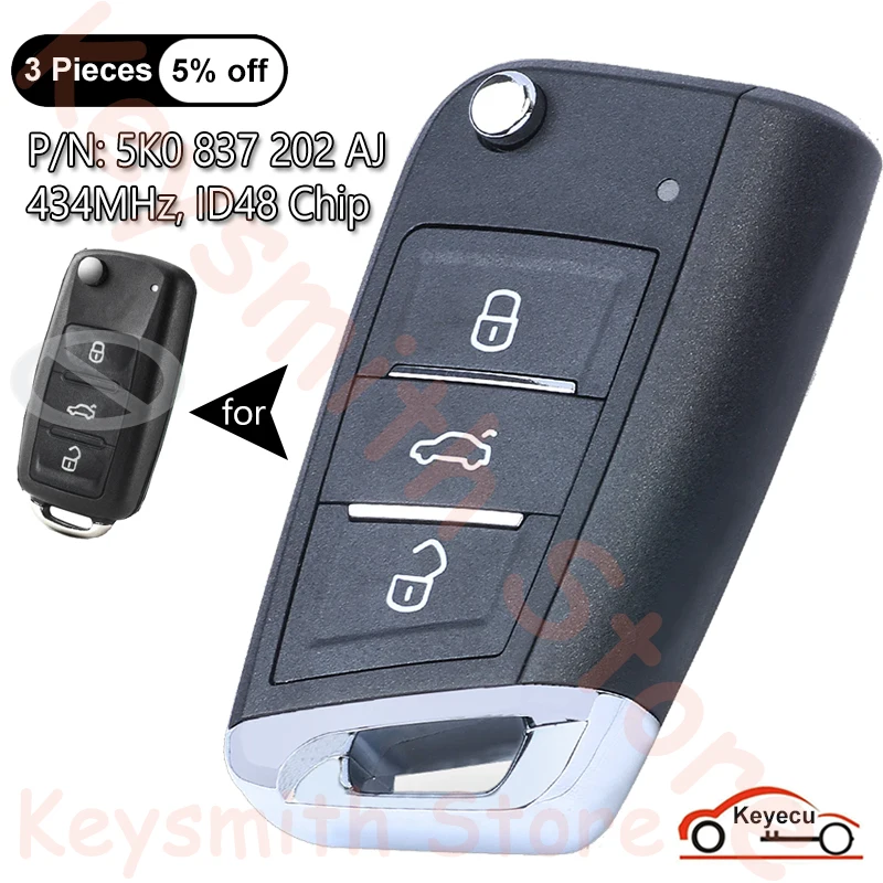 KEYECU 434MHZ ID48 Chip pre VW Beetle EOS Golf Jetta Sharan Caddy Polo Transporter Automatické vylepšené flip diaľkové kľúče FOB 5K0837202AJ