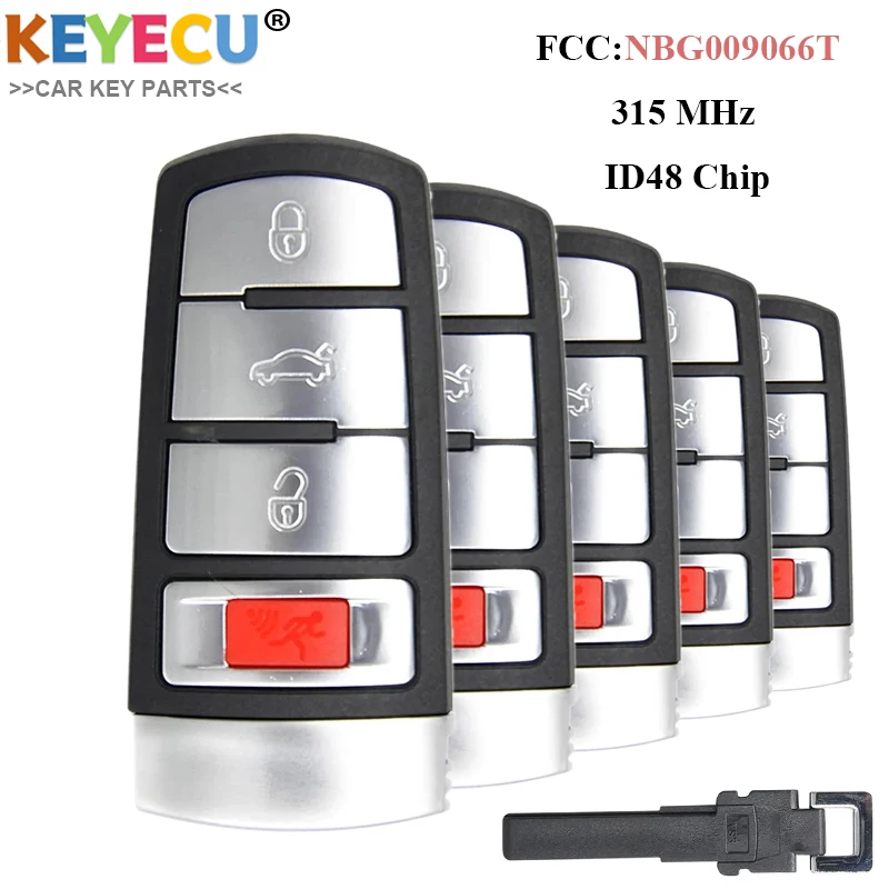 Keyecu 5PCS Vzdialený automobil pre Volkswagen Passat CC 2007 2008 2009 2010 2012 2012, FOB 3+1 4 tlačidlo - 315 MHz - ID48 - NBG009066T