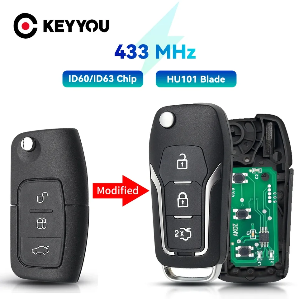 Keyyou 2pcs Flip Modified Remote Key Case 433MHz 4D60 4D63 Chip pre Ford Fiesta Focus 2 EcoSport Kuga Escape C Max KA 2013 FOB