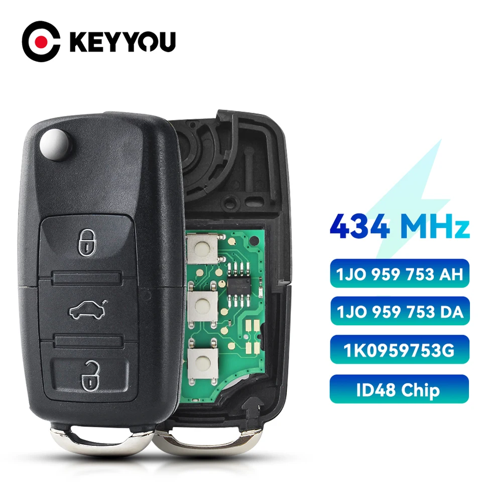 Keyyou 3 Button Diaľkový automobil pre VW Passat Polo Polo SEAT SEAT Polo/Golf/Beetle 1J0959753 DA/AH 1K0959753G 434MHz ID48