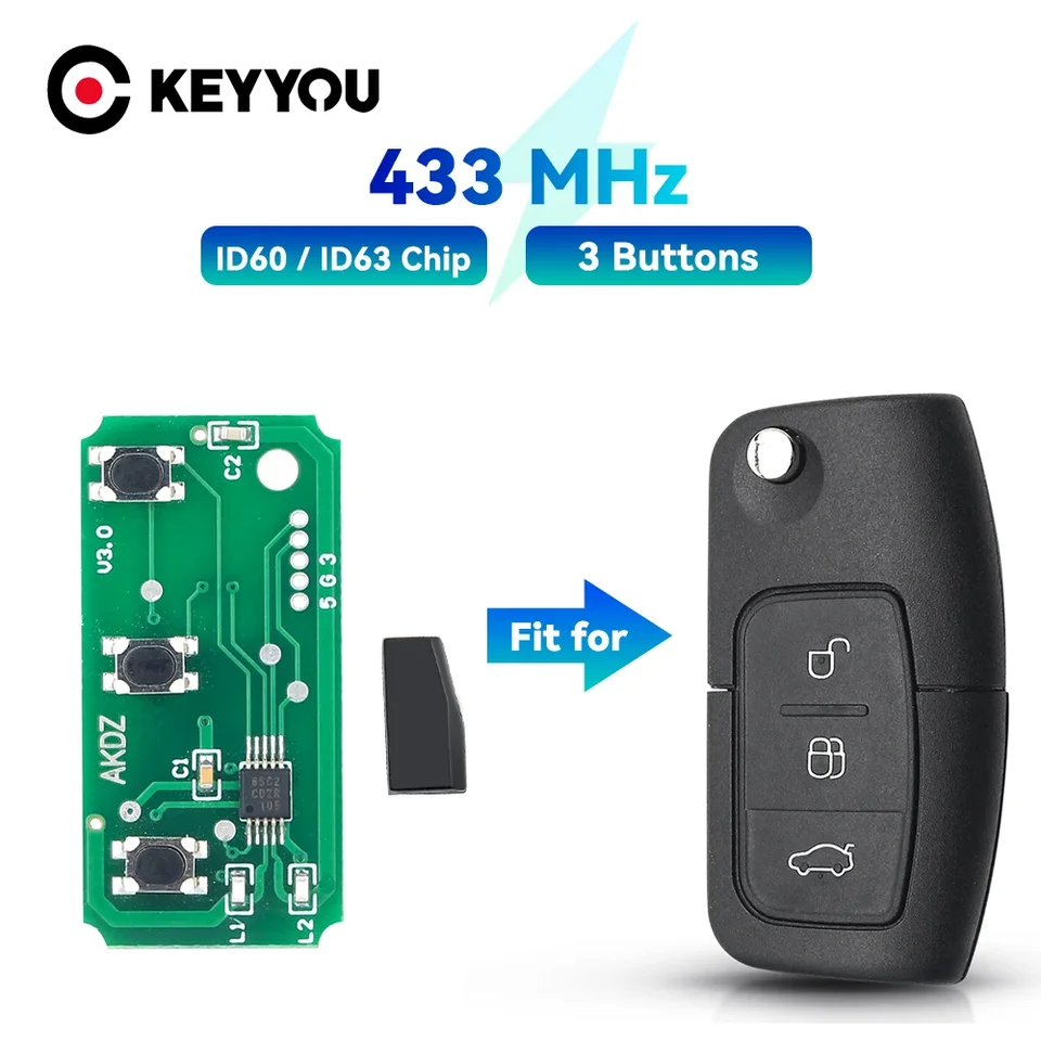 Keyyou 433MHz 3 Button Diaľkový kľúče doska pre kľúče pre Ford Focus 2 3 Mondeo Fiesta C max S max galaxia ID60 ID63 čip