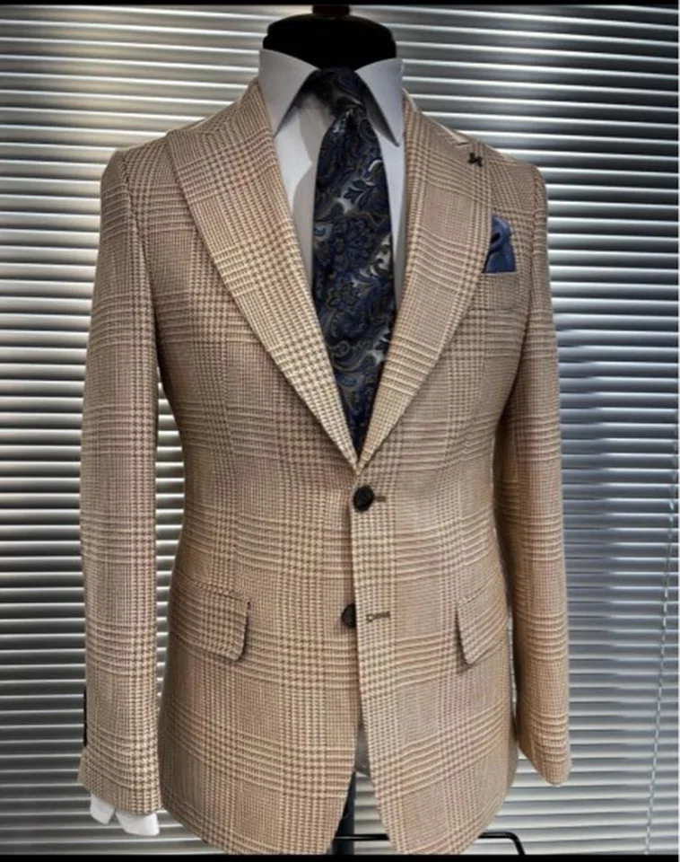 Khaki Houndstooth Fashion Design Design Blazer nohavice Pánske svadobné oblečenie večera Wear 2pcs bunda